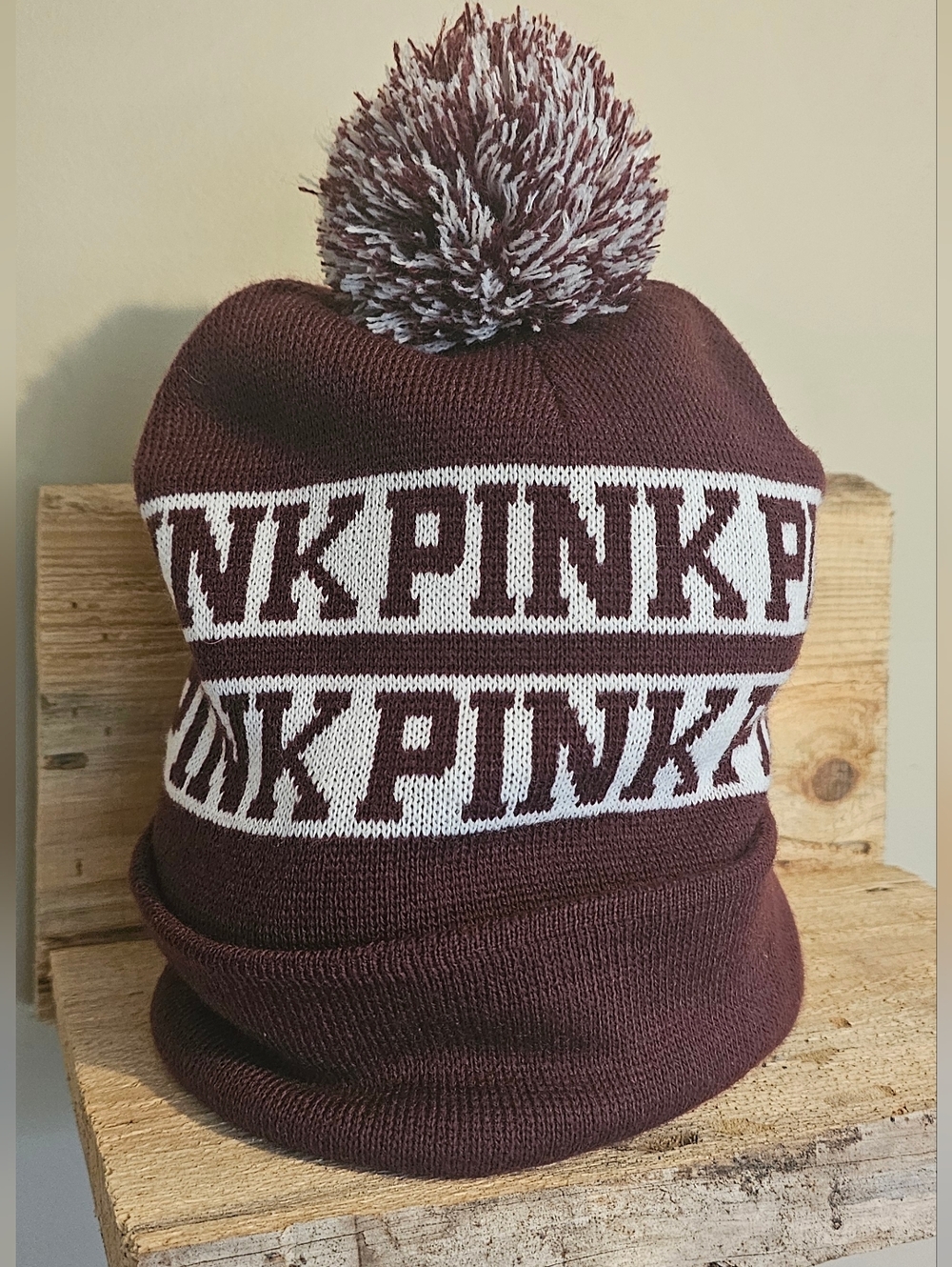 Victoria's Secret Pink Maroon And White Winter Beanie With Pom-Pom